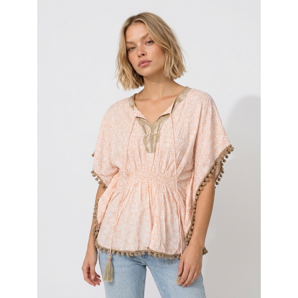 Skemo Peach Beaded Kaftan Top Tassel Pom Pom Trim Size M Boho Beach Coverup